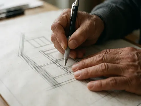 Close-up of an architect's hand sketching precise lines on paper with a mechanical pencil, highlighting professional design details.