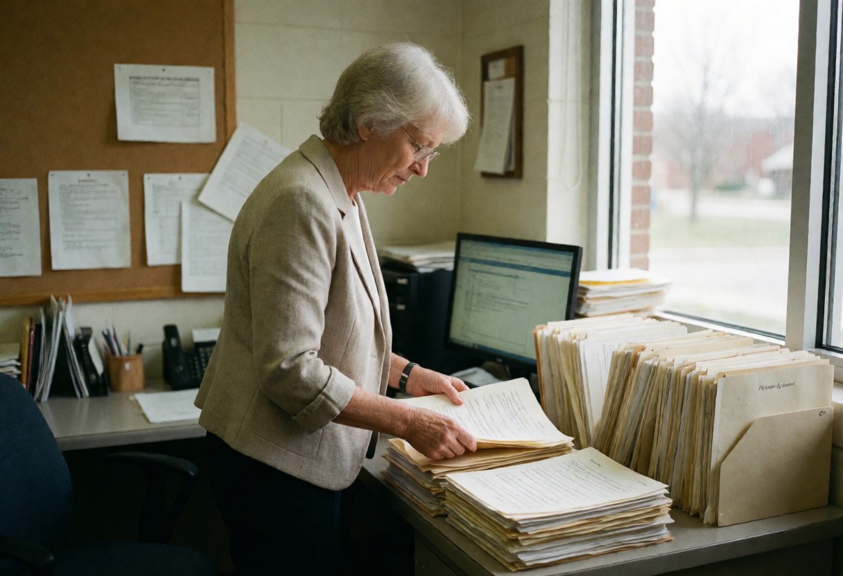 An older woman with glasses organizes folders and papers in a language school office with natural light and a computer on the desk