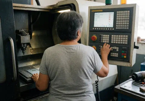 A woman stands with her back to the camera operating a CNC machine in an industrial workshop with natural light and tools nearby