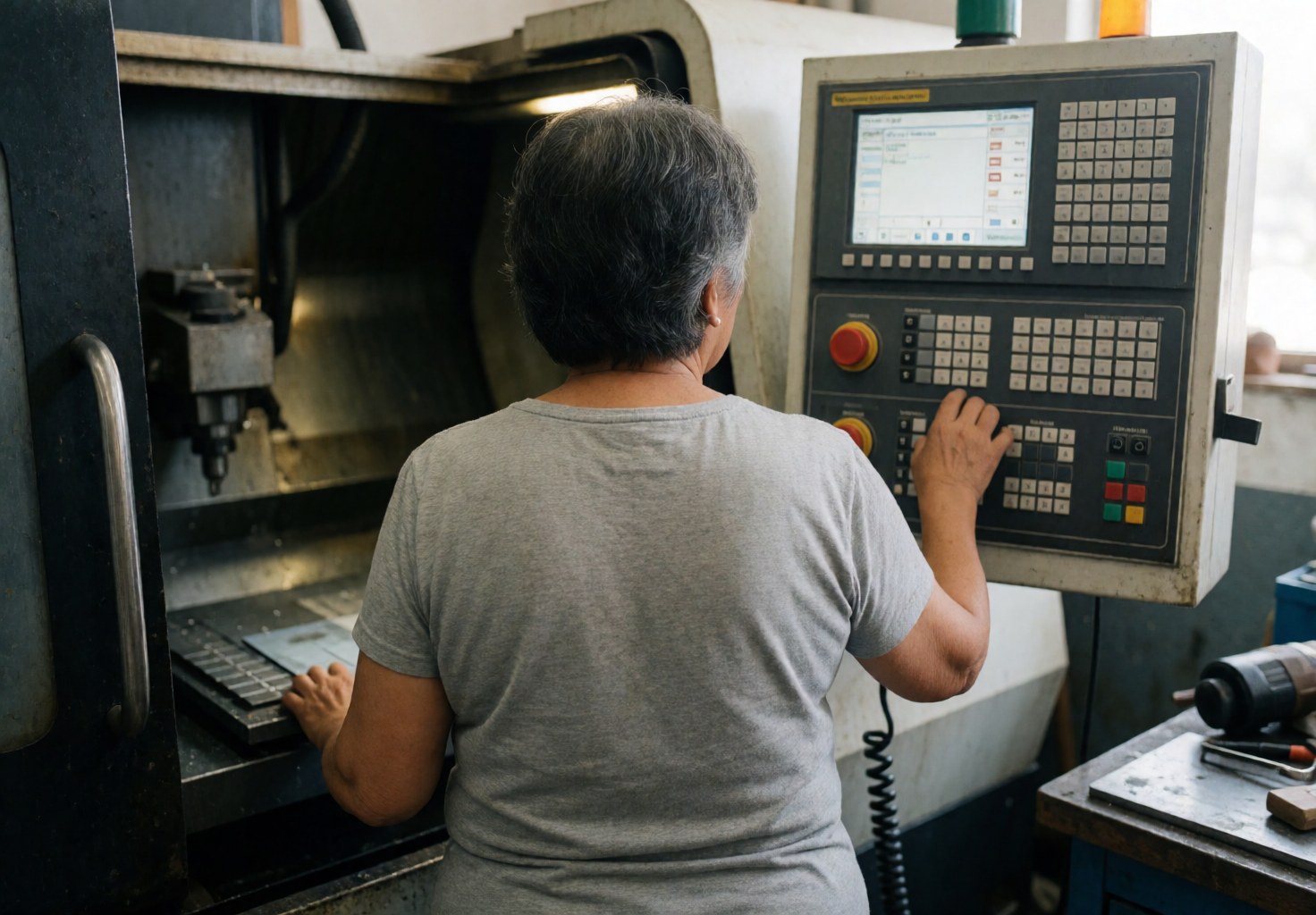 A woman stands with her back to the camera operating a CNC machine in an industrial workshop with natural light and tools nearby