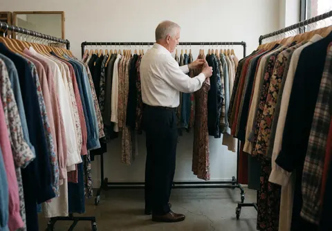 An older man in a white shirt and dark pants arranges garments on hangers in a clothing store aisle.