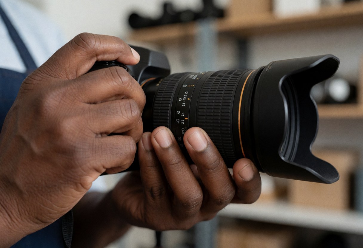 Close-up of a hand adjusting the focus ring on a professional camera lens with a blurred workshop shelf background