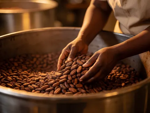 Close-up of hands stirring roasted cacao beans in a large metal drum during the artisanal toasting process