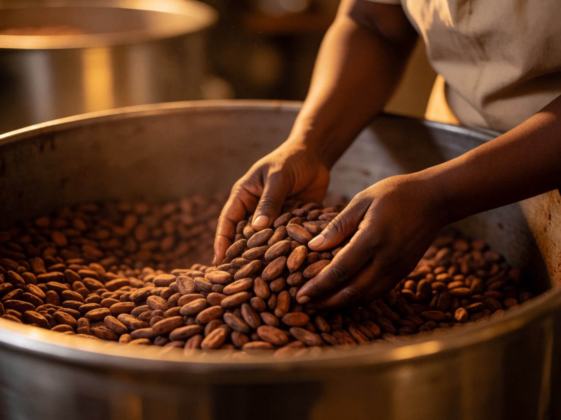 Close-up of hands stirring roasted cacao beans in a large metal drum during the artisanal toasting process