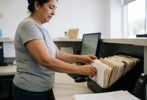A middle-aged woman organizing folders at a professional office reception desk with a computer and phone nearby