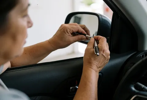 An older woman carefully adjusts the side mirror of a car using a pen, ensuring proper alignment for safe driving preparation.
