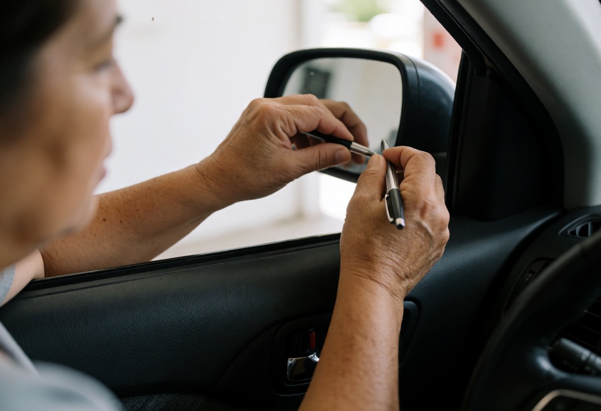 An older woman carefully adjusts the side mirror of a car using a pen, ensuring proper alignment for safe driving preparation.