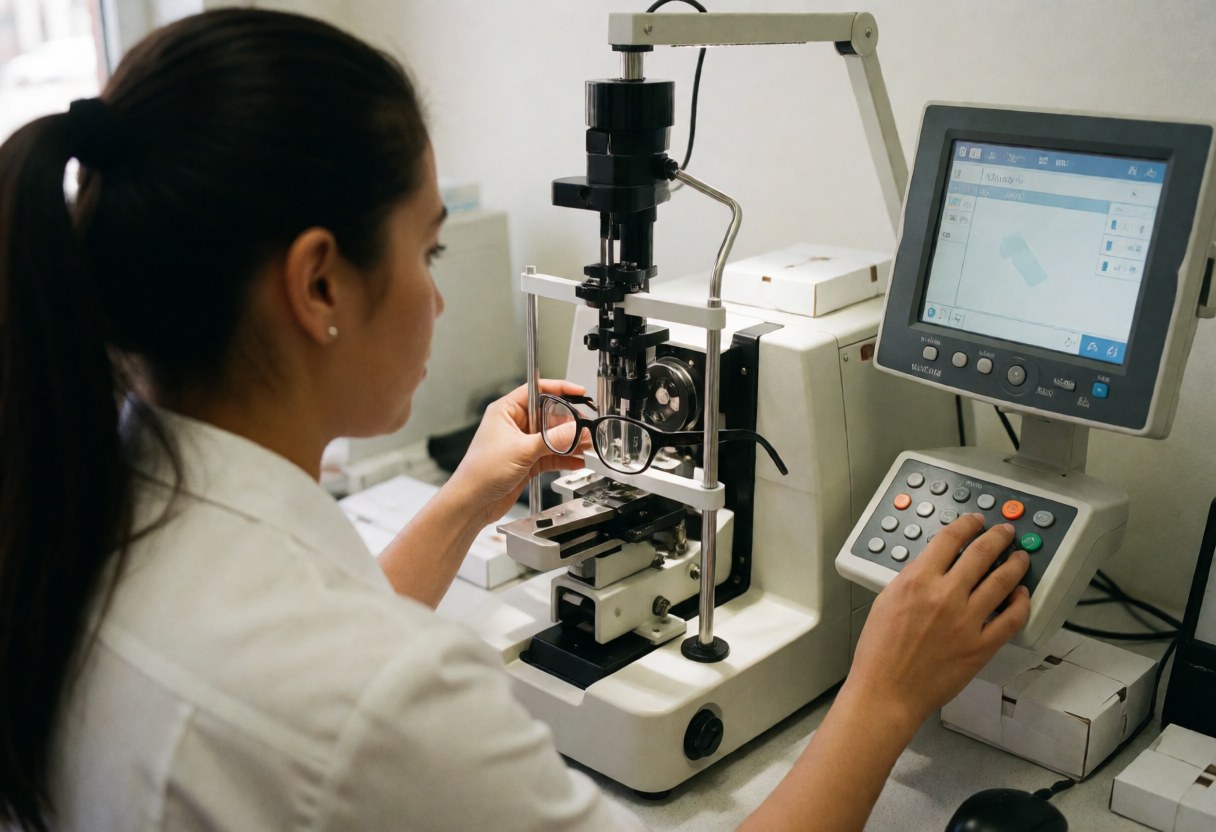 A woman operates a lens edging machine, carefully adjusting the frame while monitoring the control screen in a clean optical shop.