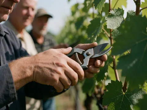 Close-up of hands using pruning shears to cut grapevine branches with green leaves and other workers in the background