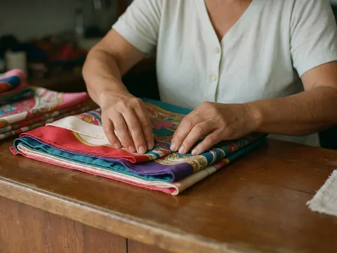 A woman carefully folds vibrant silk scarves on a polished wooden counter, highlighting the texture and detail of the fabric.