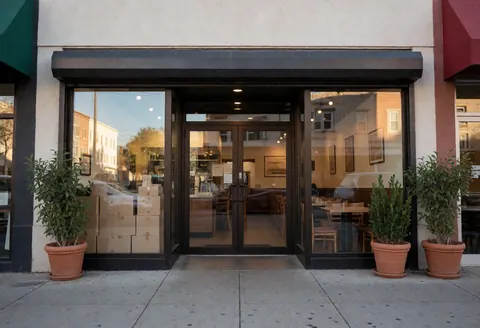 Inviting restaurant exterior featuring potted plants, glass entrance doors, warm lighting, and street reflections on the glass facade.