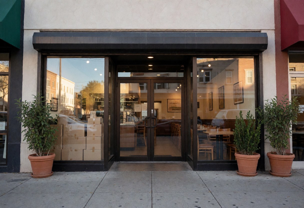 Inviting restaurant exterior featuring potted plants, glass entrance doors, warm lighting, and street reflections on the glass facade.