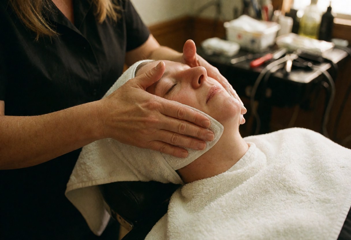 A woman receives a facial massage with a hot towel in a barbershop, showing stylist hands and warm lighting.