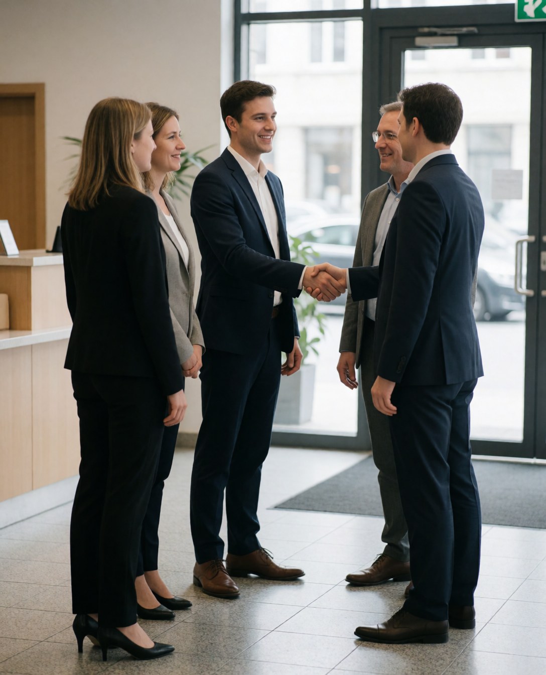 Five suited professionals shaking hands and smiling in a corporate lobby to celebrate a successful agreement.