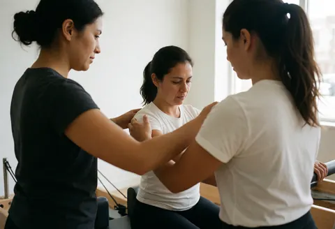 Pilates instructor adjusting a client's posture on a reformer machine in a bright studio with natural light