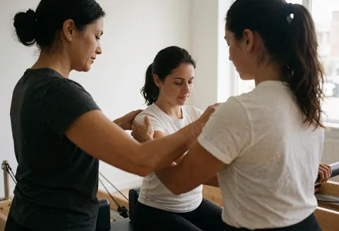 Pilates instructor adjusting a client's posture on a reformer machine in a bright studio with natural light