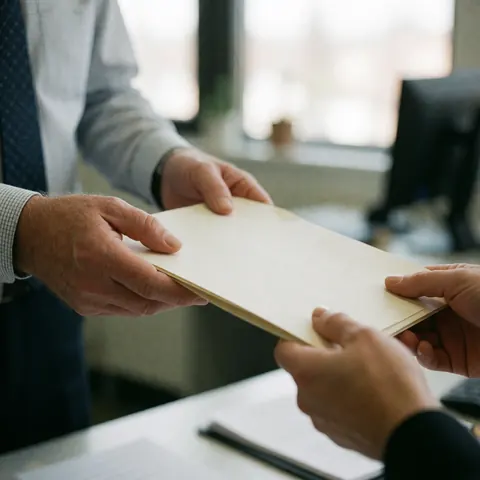 A man hands a document folder to a client in a professional office setting with natural light and a blurred background