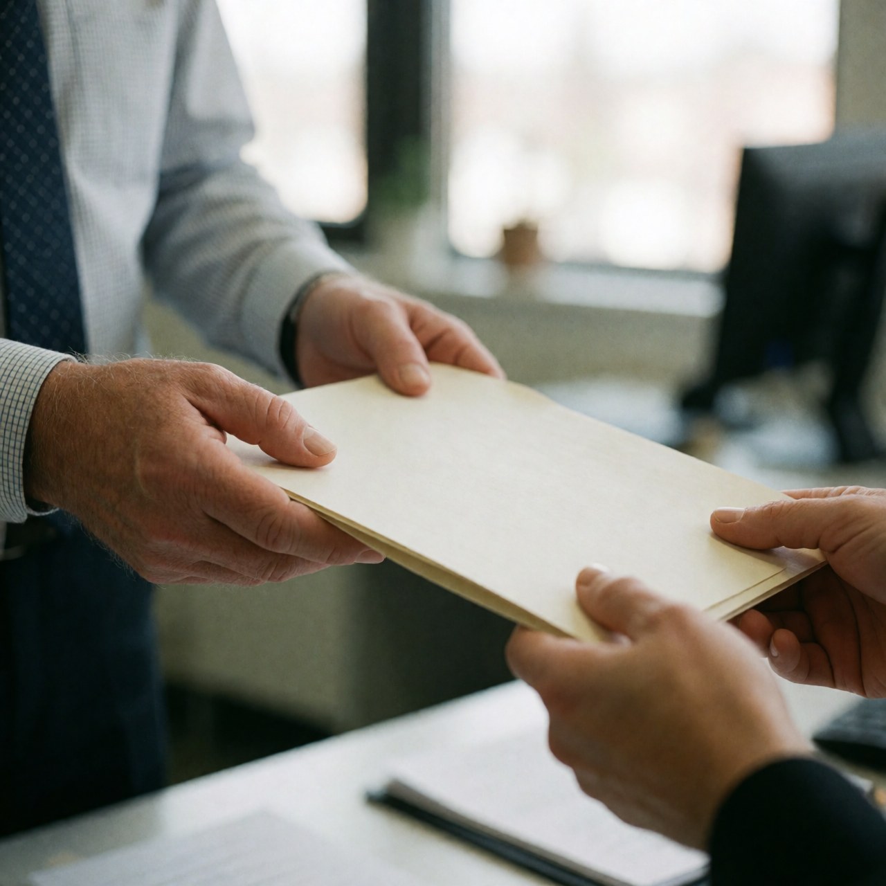 A man hands a document folder to a client in a professional office setting with natural light and a blurred background