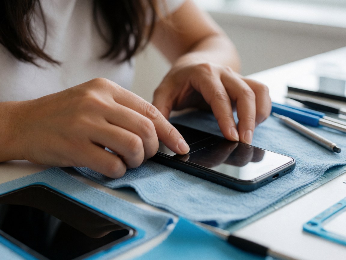 Close-up of hands installing a screen protector on a smartphone placed on a blue towel with repair tools nearby