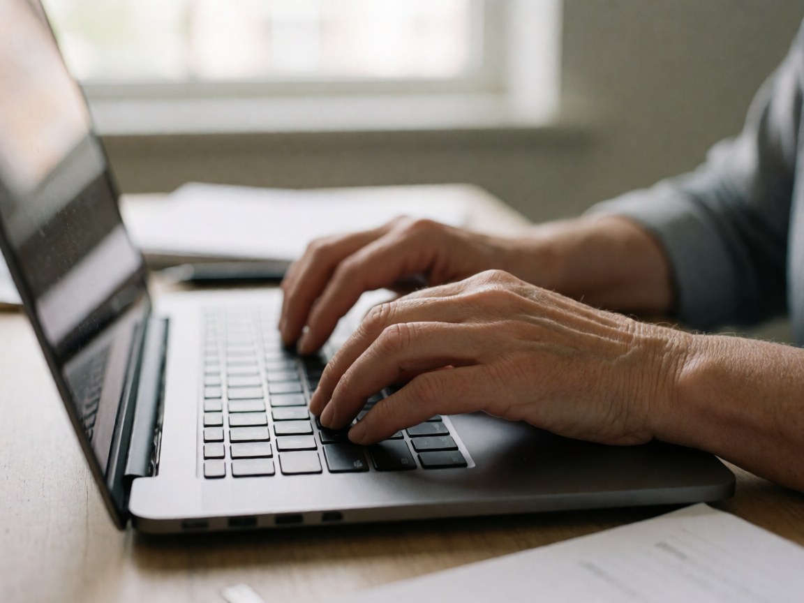Close-up of adult hands typing on a computer keyboard with natural light, suitable for online course content