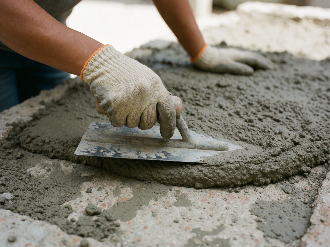 Close-up of a worker wearing gloves using a trowel to smooth a wet concrete surface, highlighting the texture of the material and the tool in action.