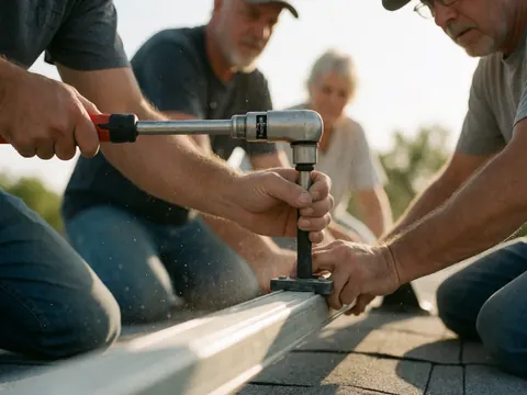 Workers install solar panel structure on a roof using a torque wrench with dust in the air and sunset lighting highlighting realistic construction details