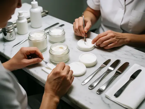 Professional skincare tools arranged on a white marble surface with creams, cloths, and stainless steel spatulas under clean clinical lighting