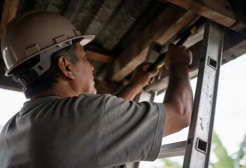 A man wearing a helmet and gray shirt works on a roof structure using a tool while standing on a metal ladder at a construction site.