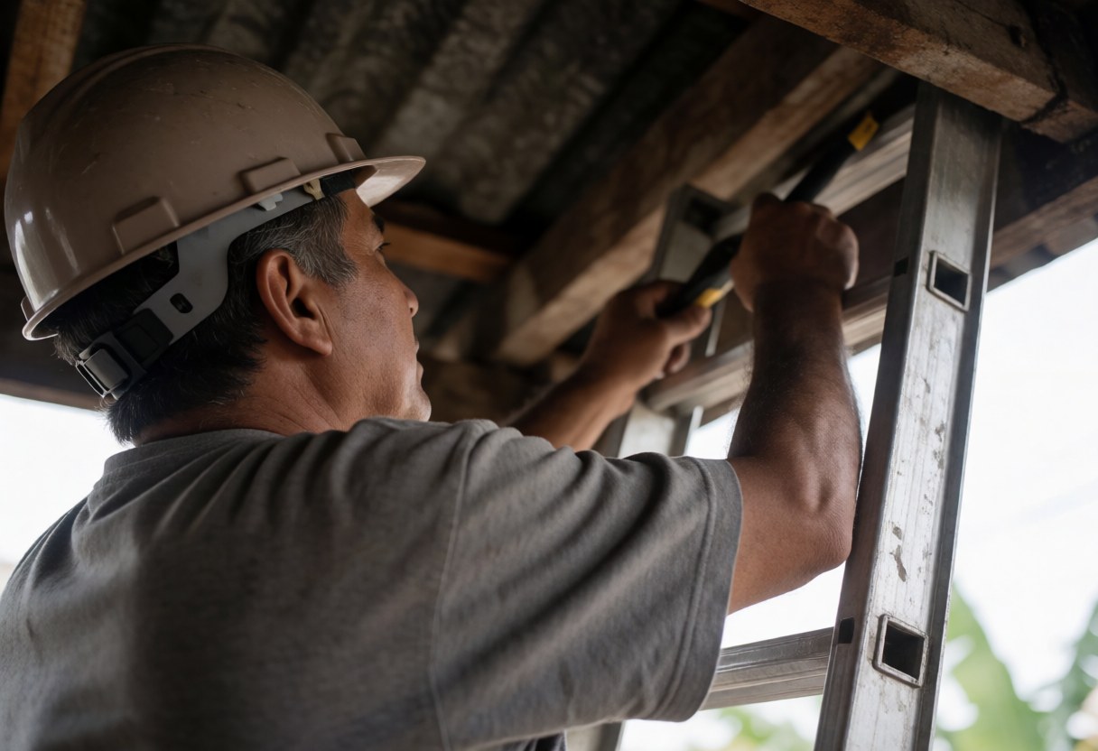 A man wearing a helmet and gray shirt works on a roof structure using a tool while standing on a metal ladder at a construction site.