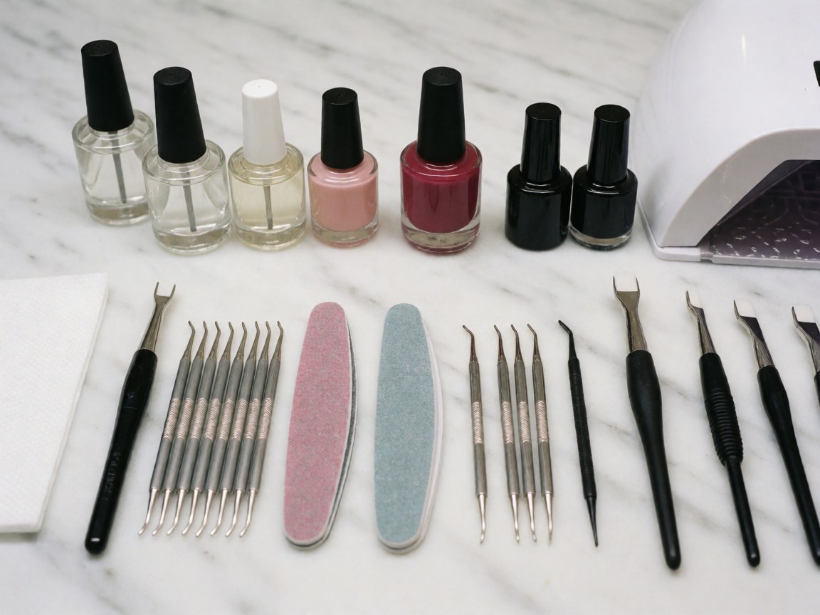 Set of manicure tools and nail polishes organized on a white marble surface, ideal for beauty salons