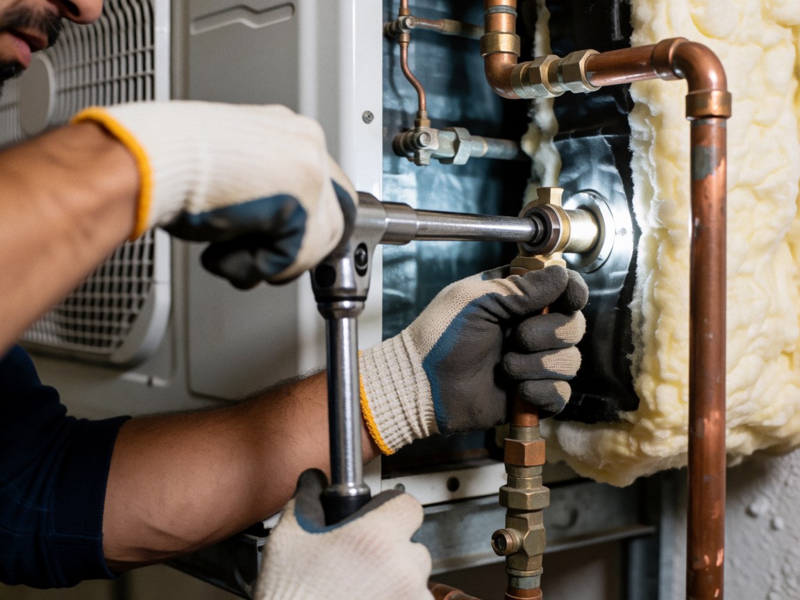 Technician wearing gloves adjusting a copper pipe on an air conditioning unit with insulation using a torque wrench and bright light