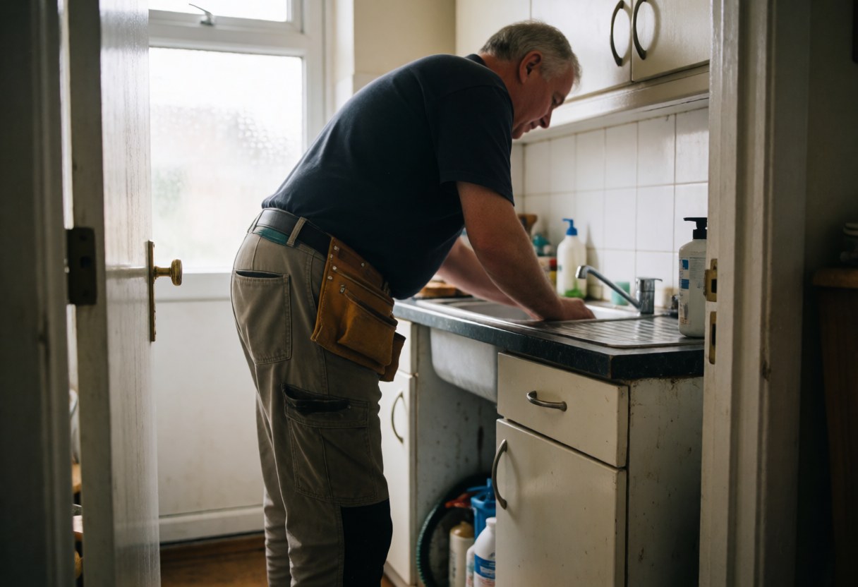 A middle-aged plumber uses professional tools to repair a kitchen sink, showing realistic everyday service work.