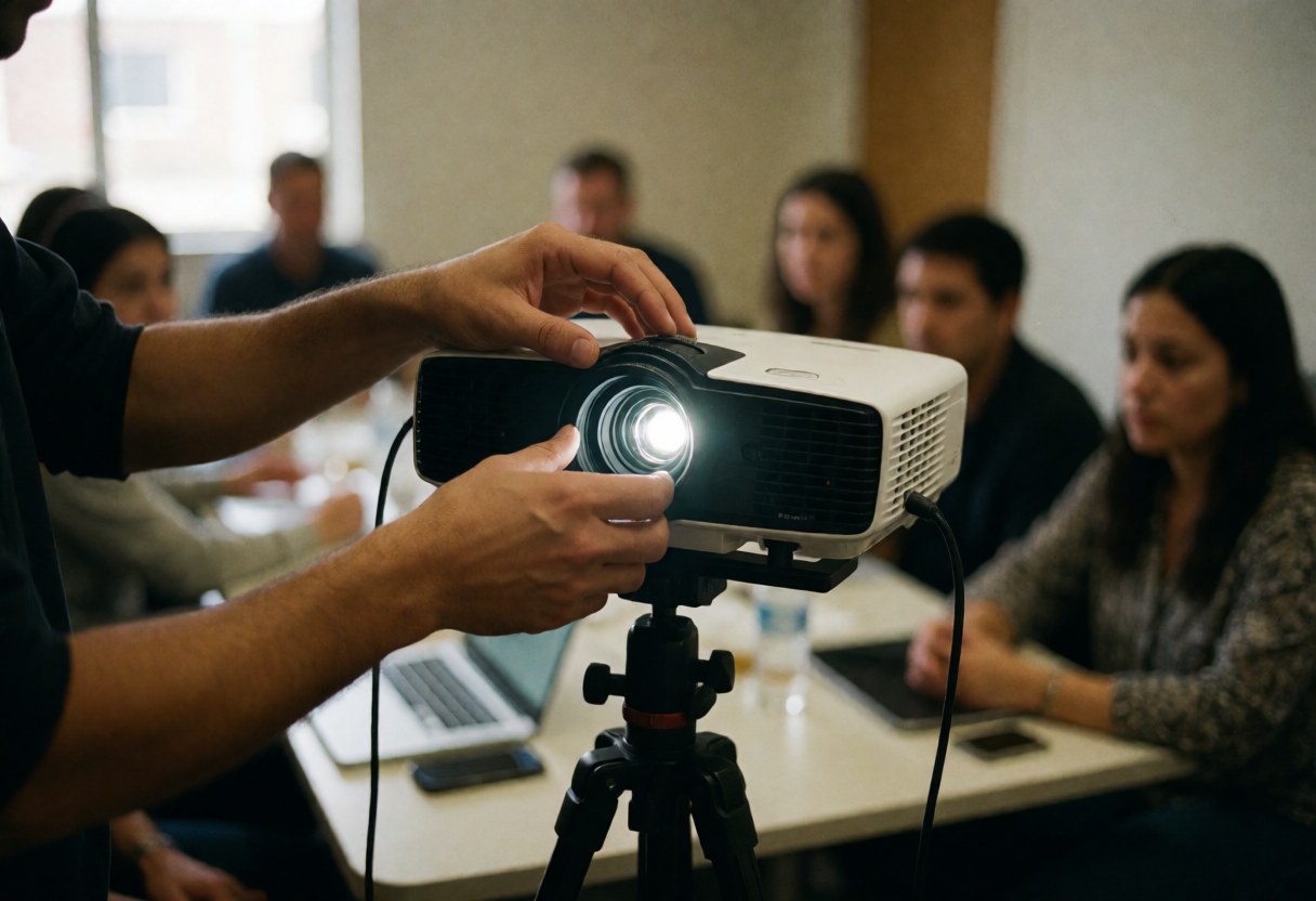 Close-up of a hand adjusting a projector in a professional meeting room with attendees seated in the background