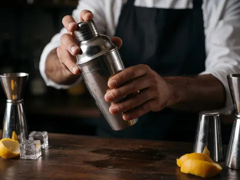 Close-up of a barista shaking a metal cocktail shaker with lime slices and ice cubes on a dark wooden counter