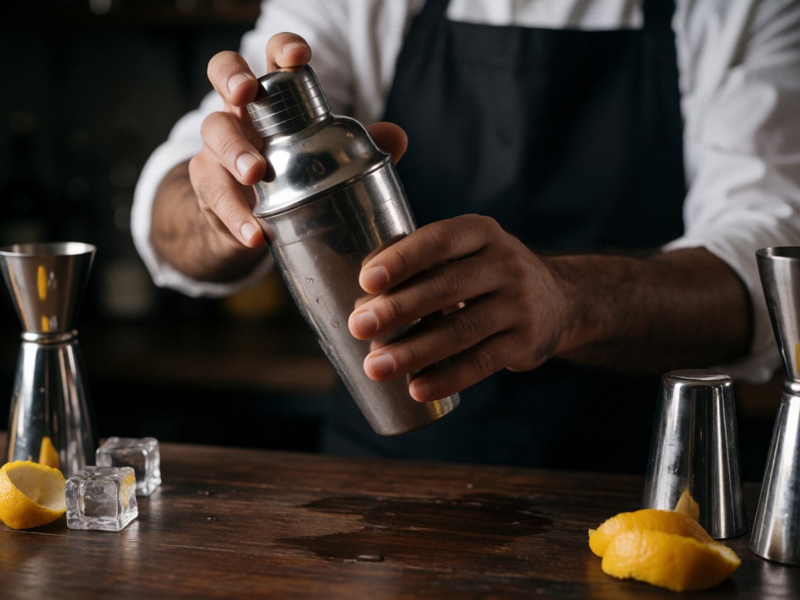 Close-up of a barista shaking a metal cocktail shaker with lime slices and ice cubes on a dark wooden counter