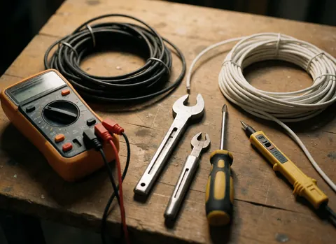 Close-up of a multimeter, wires, wrenches, and screwdriver on a dirty wooden workbench for electricians