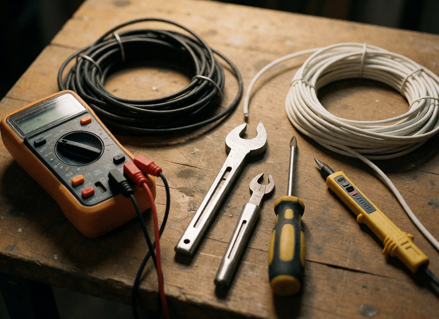 Close-up of a multimeter, wires, wrenches, and screwdriver on a dirty wooden workbench for electricians