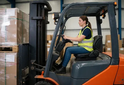 A woman wearing a safety vest drives a forklift in an industrial warehouse, loading pallets with boxes among shelves and machinery.