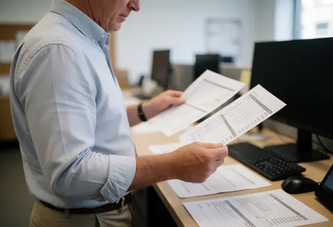 A businessman reviews financial documents at his office desk surrounded by a computer and printed papers