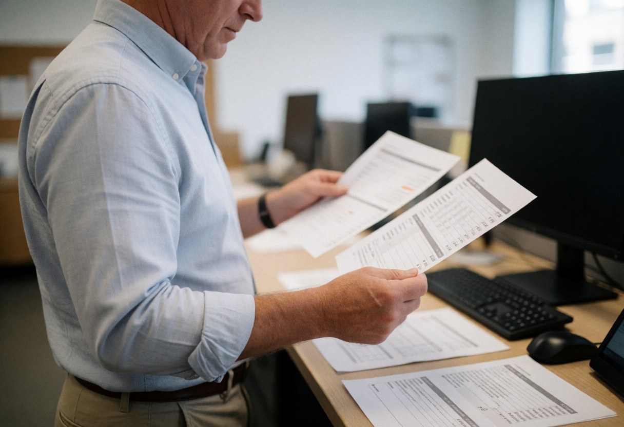 A businessman reviews financial documents at his office desk surrounded by a computer and printed papers