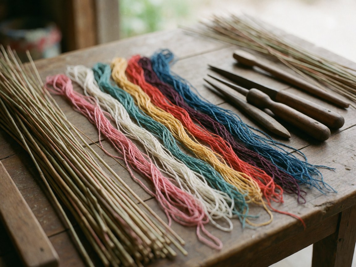 Vibrant colorful threads and wooden tools arranged on a rustic work table ready for textile crafting
