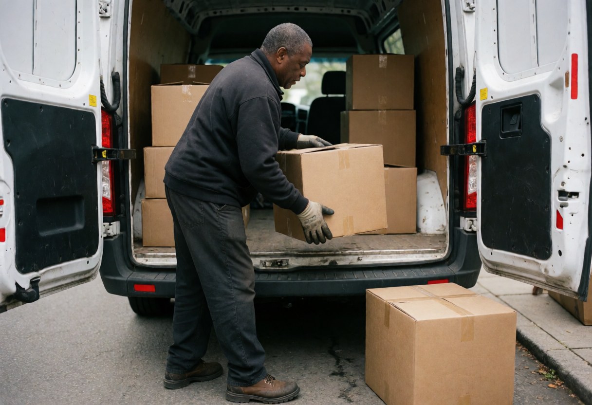 A middle-aged man wearing gloves and boots loads cardboard boxes into the back of a white pickup truck during a delivery