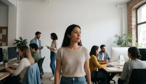 A woman walks through a modern open office while colleagues work at computers in a professional environment.