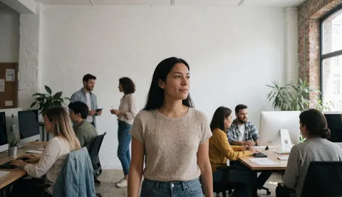 A woman walks through a modern open office while colleagues work at computers in a professional environment.