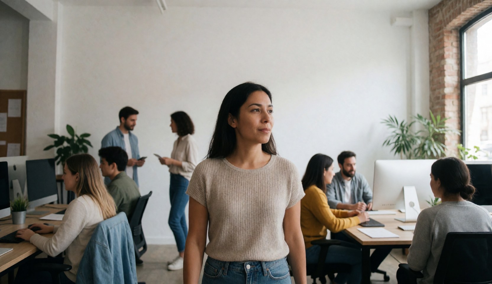 A woman walks through a modern open office while colleagues work at computers in a professional environment.
