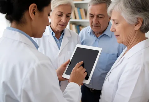 A group of healthcare professionals reviewing data on a tablet with focused expressions in an office setting with books in the background