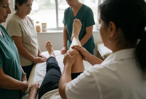 Physical therapist performing leg stretch on client in clinical setting with other therapists observing