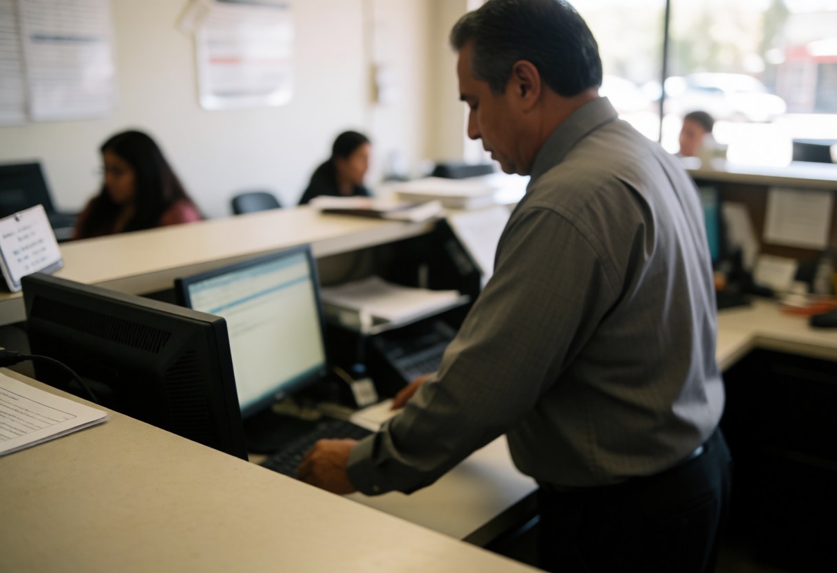 Professional man helping a customer at a computer in a busy office with colleagues in the background