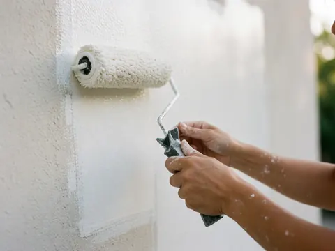 Hands applying white paint to a textured wall using a roller, showing professional tool detail and finish