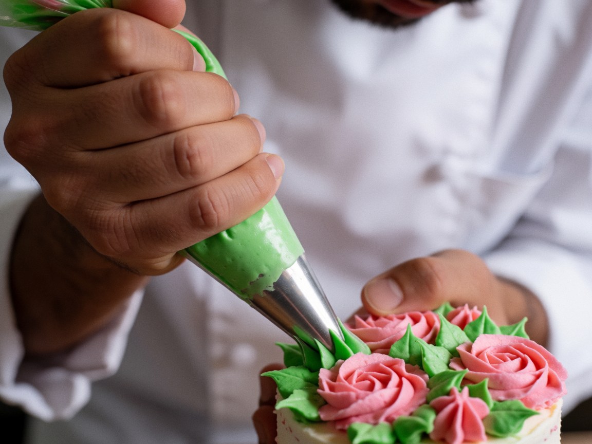 Close-up of a chef piping pink and green icing flowers onto a small cake using a pastry bag